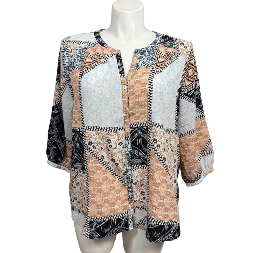 Investments Ii Patchwork Print Button Front Blous… - image 1